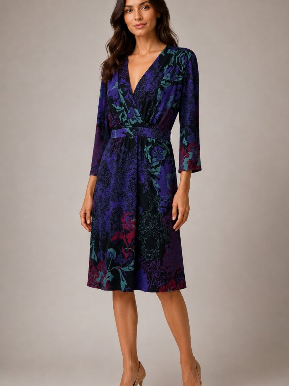 S.L. Fashions Black Purple Floral Surplice Dress Size 16